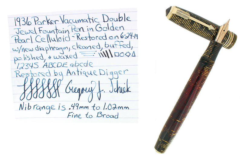 1936 PARKER GOLDEN PEARL STANDARD VACUMATIC DOUBLE JEWEL FOUNTAIN PEN RESTORED OFFERED BY ANTIQUE DIGGER