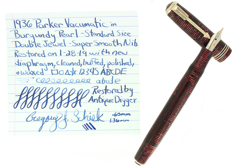 1936 PARKER BURGUNDY PEARL DOUBLE JEWEL STANDARD VACUMATIC FOUNTAIN PEN RESTORED OFFERED BY ANTIQUE DIGGER