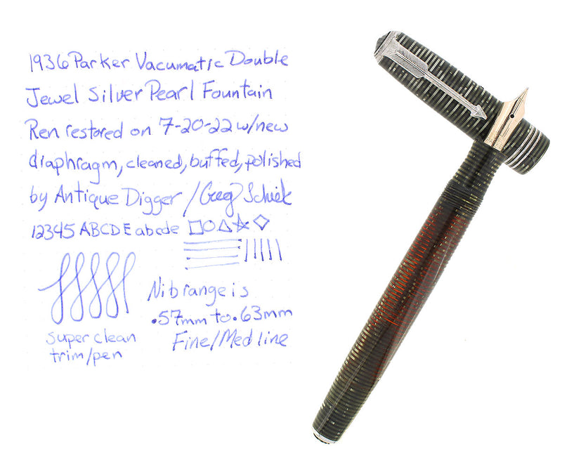 1936 PARKER STANDARD VACUMATIC SILVER PEARL DOUBLE JEWEL FOUNTAIN PEN RESTORED OFFERED BY ANTIQUE DIGGER