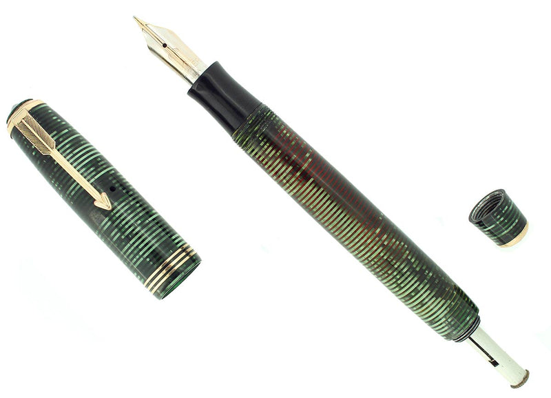 1936 PARKER EMERALD PEARL DOUBLE JEWEL VACUMATIC OVERSIZE FOUNTAIN PEN RESTORED OFFERED BY ANTIQUE DIGGER