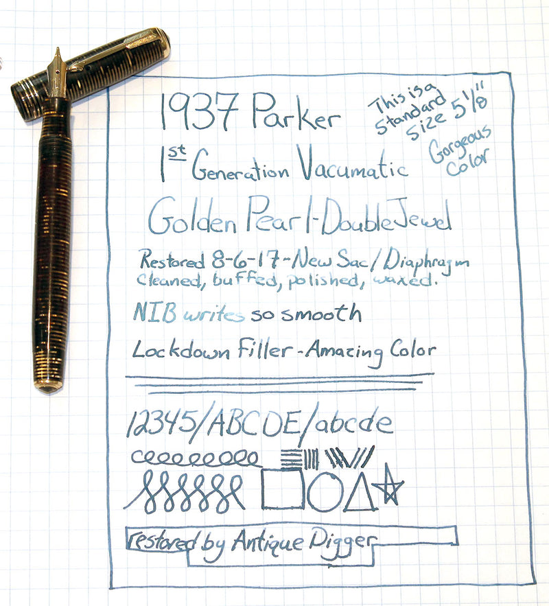 RESTORED 1937 PARKER GOLDEN PEARL DOUBLE JEWEL VACUMATIC FOUNTAIN PEN SMOOTH NIB OFFERED BY ANTIQUE DIGGER
