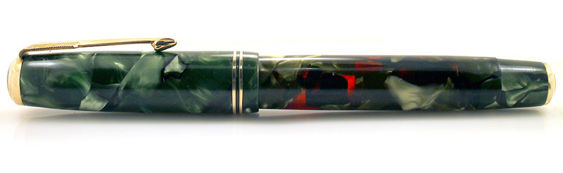 1937 PARKER MOTTLED GREEN LARGE JR DOUBLE JEWEL VACUMATIC FOUNTAIN PEN RESTORED OFFERED BY ANTIQUE DIGGER