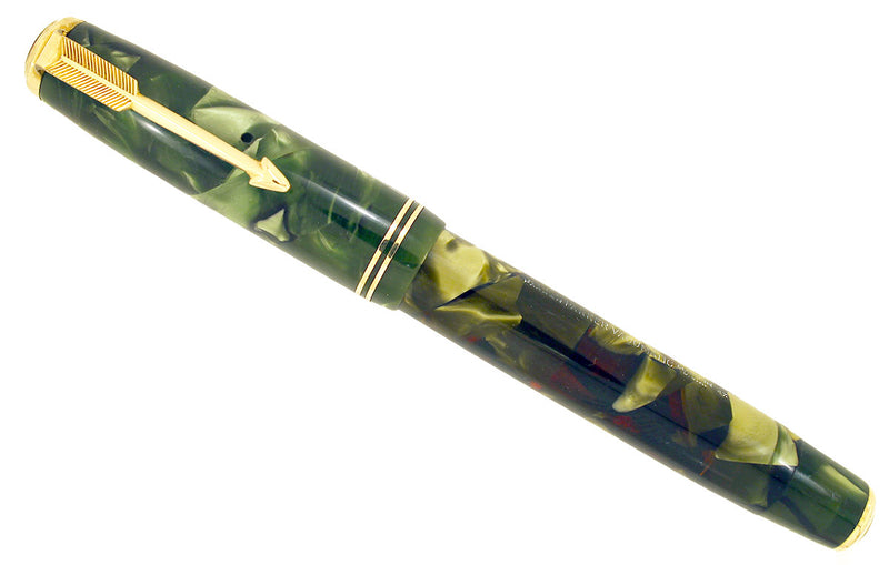 1937 PARKER MOTTLED GREEN LARGE JR DOUBLE JEWEL VACUMATIC FOUNTAIN PEN RESTORED OFFERED BY ANTIQUE DIGGER