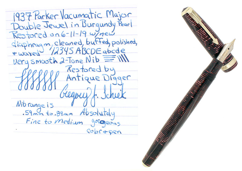 1937 PARKER BURGUNDY PEARL VACUMATIC DOUBLE JEWEL FOUNTAIN PEN RESTORED OFFERED BY ANTIQUE DIGGER
