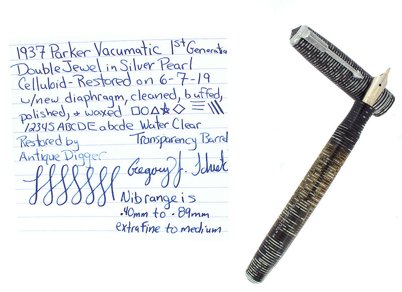 1937 PARKER VACUMATIC SILVER PEARL STANDARD DOUBLE JEWEL FOUNTAIN PEN RESTORED OFFERED BY ANTIQUE DIGGER
