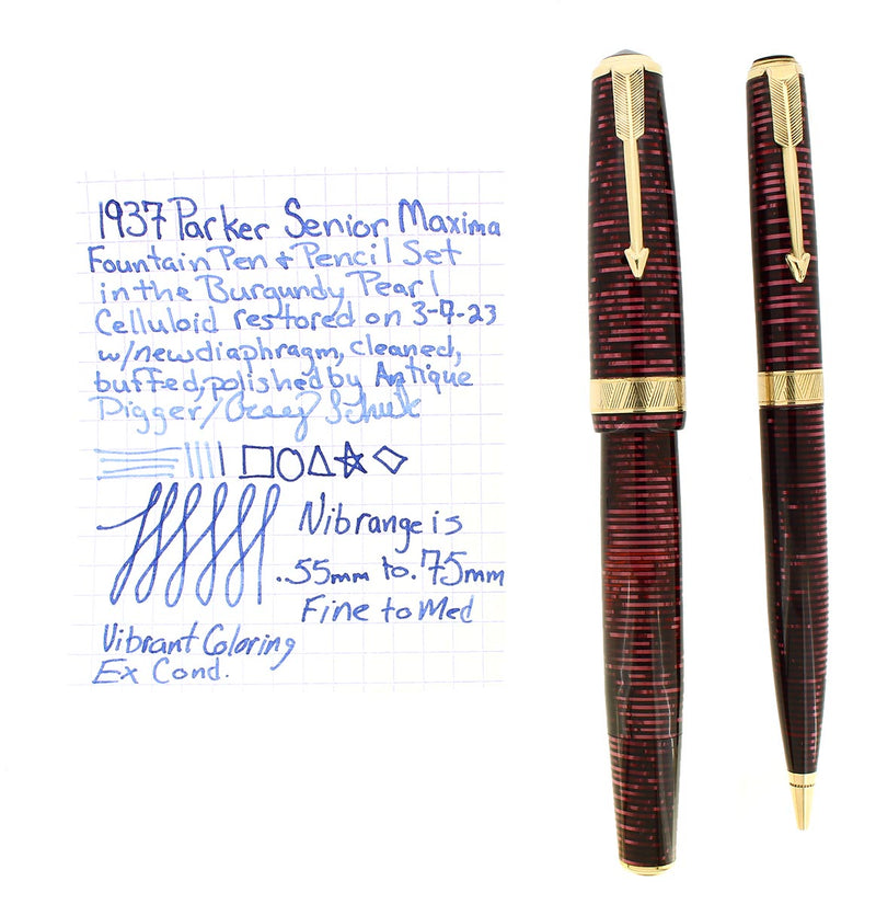 1937 PARKER BURGUNDY PEARL SENIOR MAXIMA VACUMATIC FOUNTAIN PEN & PENCIL SET RESTORED OFFERED BY ANTIQUE DIGGER