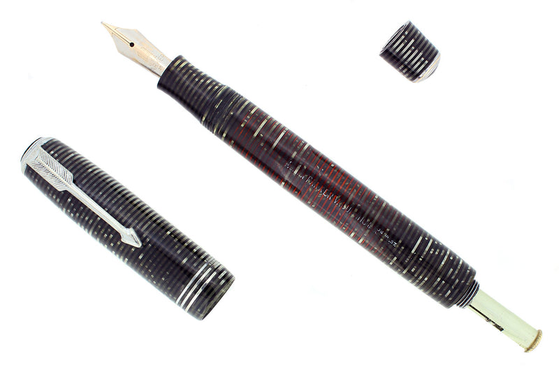 1937 PARKER VACUMATIC STANDARD SIZE SILVER PEARL DOUBLE JEWEL FOUNTAIN PEN RESTORED OFFERED BY ANTIQUE DIGGER