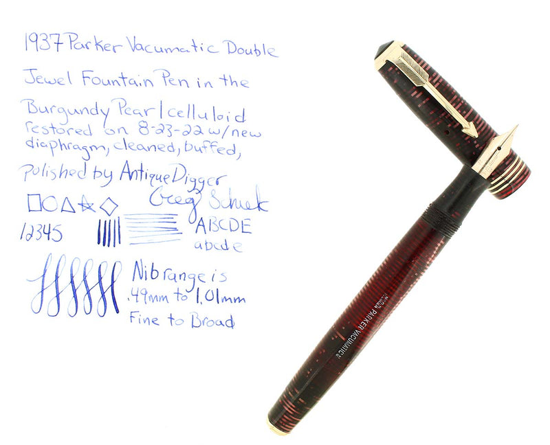 1937 PARKER STANDARD VACUMATIC BURGUNDY PEARL DOUBLE JEWEL FOUNTAIN PEN RESTORED OFFERED BY ANTIQUE DIGGER