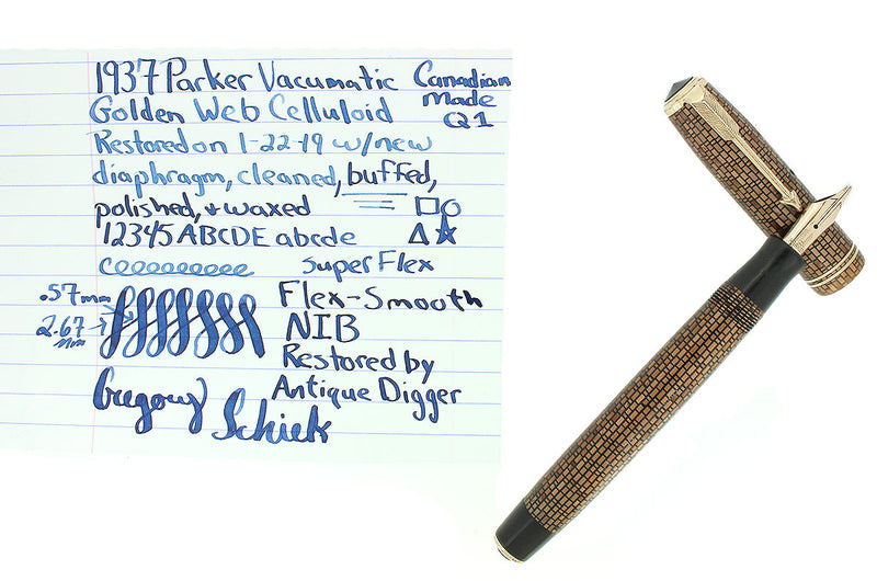 1937 PARKER GOLDEN WEB VACUMATIC DOUBLE JEWEL FOUNTAIN PEN F-BBB+ NIB RESTORED OFFERED BY ANTIQUE DIGGER