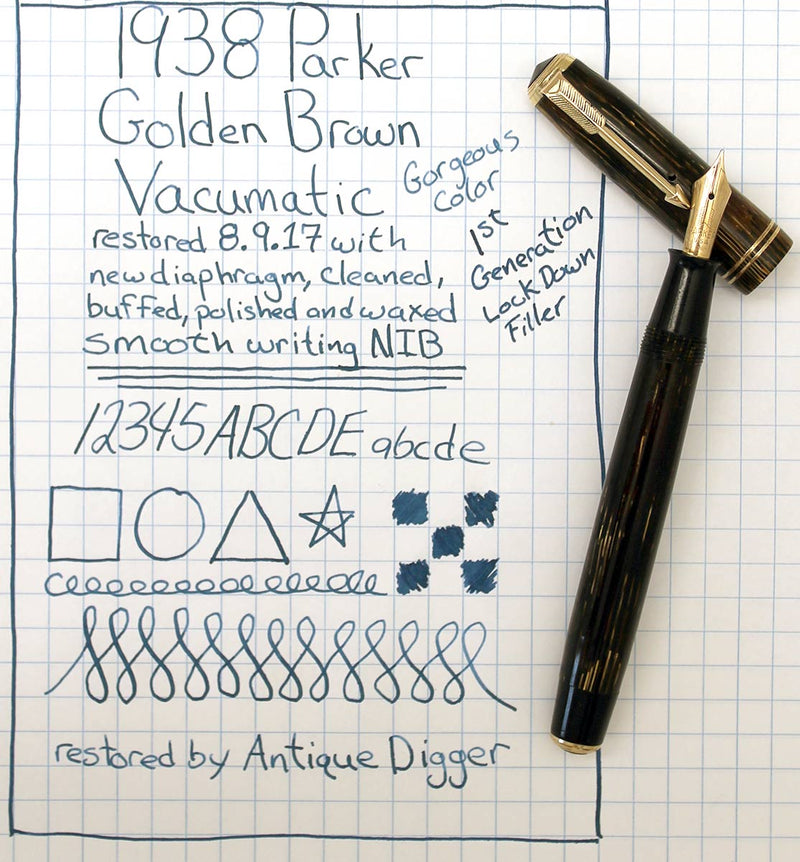 RESTORED 1938 PARKER GOLD BROWN DOUBLE JEWEL VACUMATIC SHADOW WAVE FOUNTAIN PEN  OFFERED BY ANTIQUE DIGGER