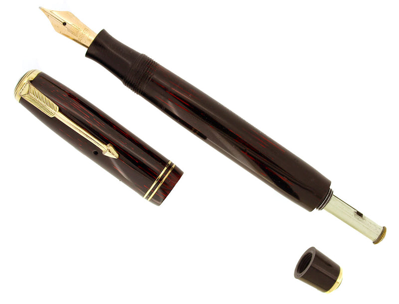 RESTORED 1938 PARKER JR BURGUNDY DOUBLE JEWEL VACUMATIC SHADOW WAVE FOUNTAIN PEN OFFERED BY ANTIQUE DIGGER