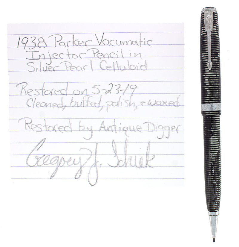 1938 PARKER VACUMATIC SILVER PEARL CELLULOID MAJOR INJECTOR PENCIL SCARCE OFFERED BY ANTIQUE DIGGER