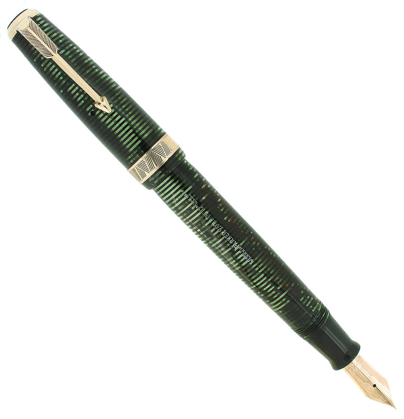 1938 PARKER SENIOR MAXIMA VACUMATIC DOUBLE JEWEL EMERALD PEARL FOUNTAIN PEN RESTORED OFFERED BY ANTIQUE DIGGER