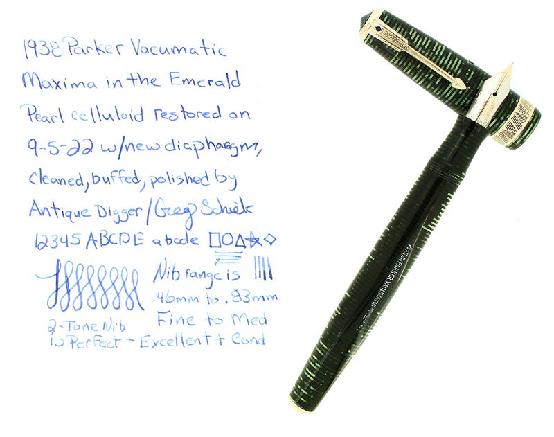 1938 PARKER SENIOR MAXIMA VACUMATIC DJ EMERALD PEARL FOUNTAIN PEN RESTORED OFFERED BY ANTIQUE DIGGER