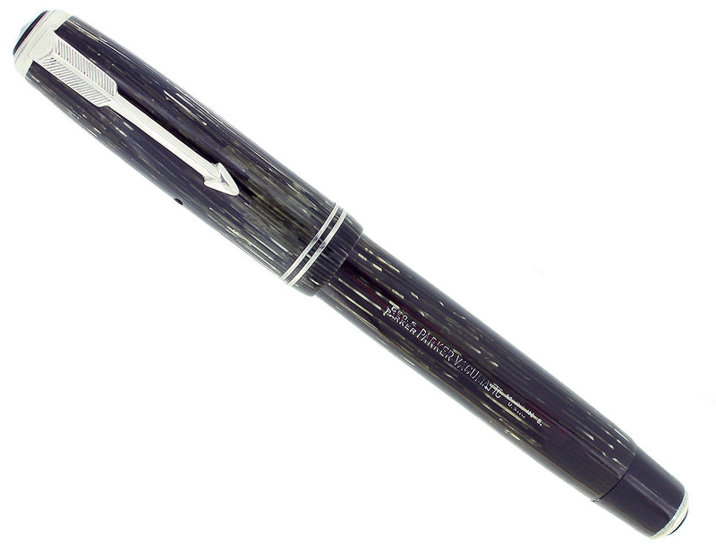 1938 PARKER VACUMATIC SILVER PEARL SHADOW WAVE DOUBLE JEWEL FOUNTAIN PEN RESTORED OFFERED BY ANTIQUE DIGGER