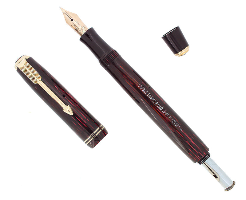 1938 PARKER VACUMATIC JUNIORETTE RED PEARL SHADOW WAVE DOUBLE JEWEL FOUNTAIN PEN RESTORED OFFERED BY ANTIQUE DIGGER