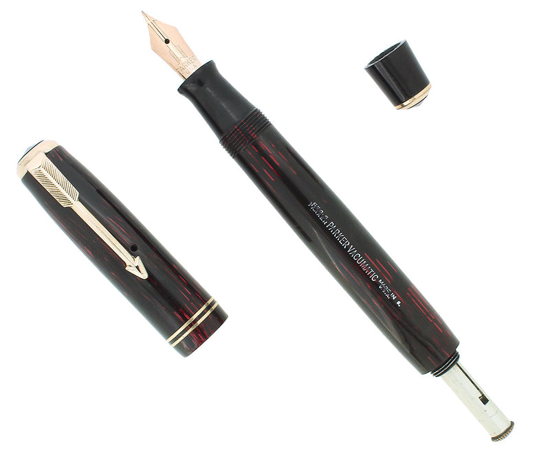 1938 PARKER VACUMATIC RED PEARL SHADOW WAVE DOUBLE JEWEL FOUNTAIN PEN RESTORED OFFERED BY ANTIQUE DIGGER