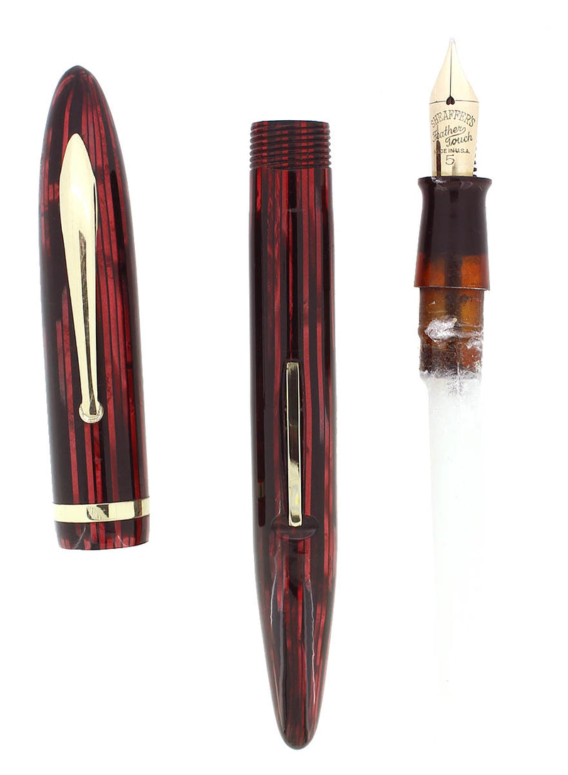 C1938 SHEAFFER ADMIRAL BALANCE CARMINE RED STRIATED FOUNTAIN PEN RESTORED OFFERED BY ANTIQUE DIGGER