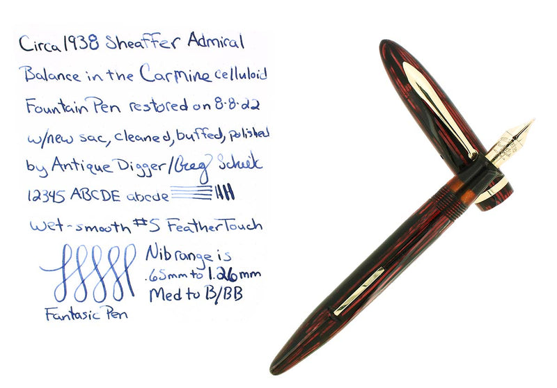 C1938 SHEAFFER ADMIRAL BALANCE CARMINE RED STRIATED FOUNTAIN PEN RESTORED OFFERED BY ANTIQUE DIGGER