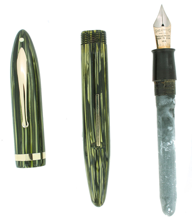 C1938 SHEAFFER GREEN STRIATED OVERSIZED BALANCE FOUNTAIN PEN RESTORED OFFERED BY ANTIQUE DIGGER