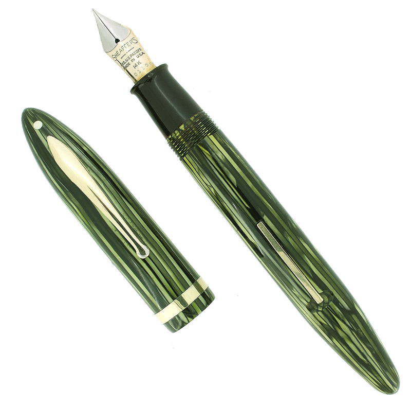 C1938 SHEAFFER GREEN STRIATED OVERSIZED BALANCE FOUNTAIN PEN RESTORED OFFERED BY ANTIQUE DIGGER