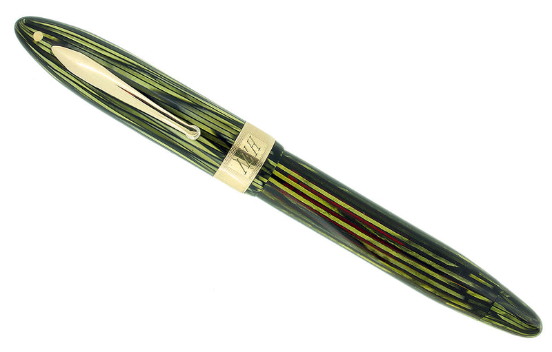 C1938 SHEAFFER GREEN STRIATED OVERSIZED BALANCE FOUNTAIN PEN JEWELER BAND RESTORED OFFERED BY ANTIQUE DIGGER