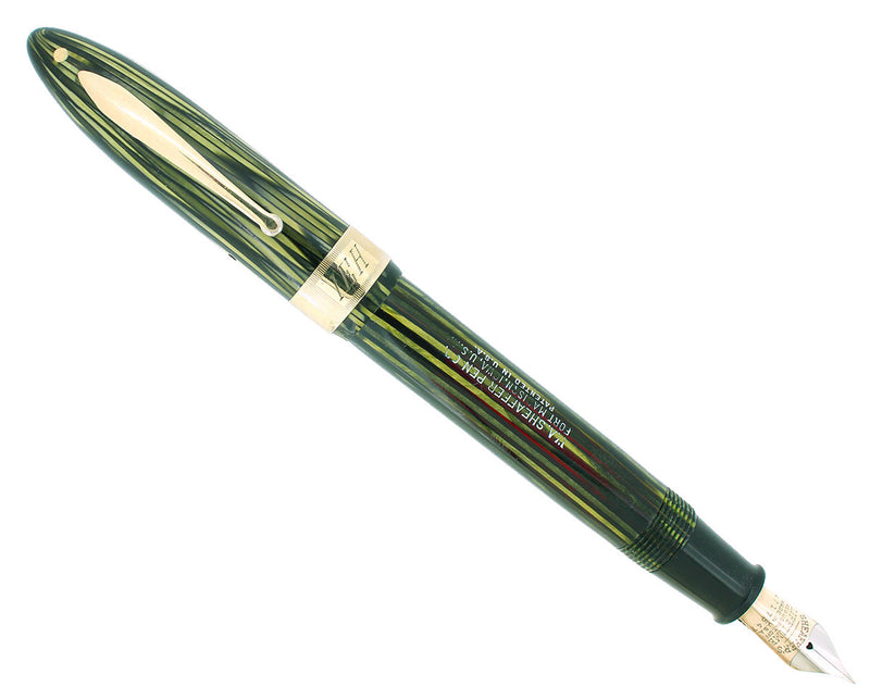 C1938 SHEAFFER GREEN STRIATED OVERSIZED BALANCE FOUNTAIN PEN JEWELER BAND RESTORED OFFERED BY ANTIQUE DIGGER