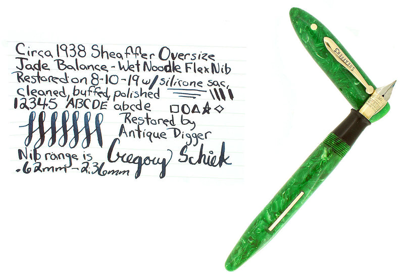 CIRCA 1938 SHEAFFER OVERSIZED BALANCE JADE GREEN CELLULOID FOUNTAIN PEN RESTORED OFFERED BY ANTIQUE DIGGER