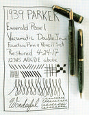 1939 PARKER EMERALD PEARL CELLULOID DOUBLE JEWEL VACUMATIC FOUNTAIN PEN SET RESTORED