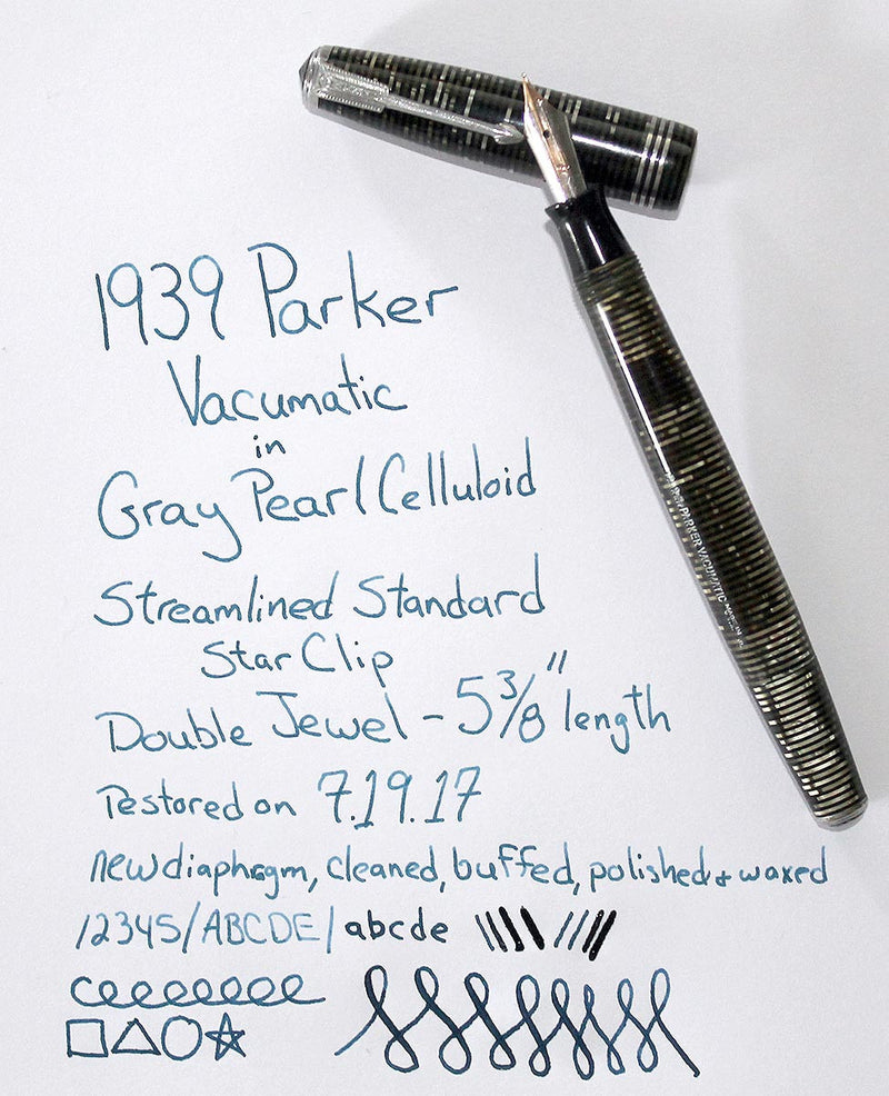 1939 PARKER GRAY PEARL VACUMATIC STREAMLINE STANDARD FOUNTAIN PEN W/ STAR CLIP OFFERED BY ANTIQUE DIGGER