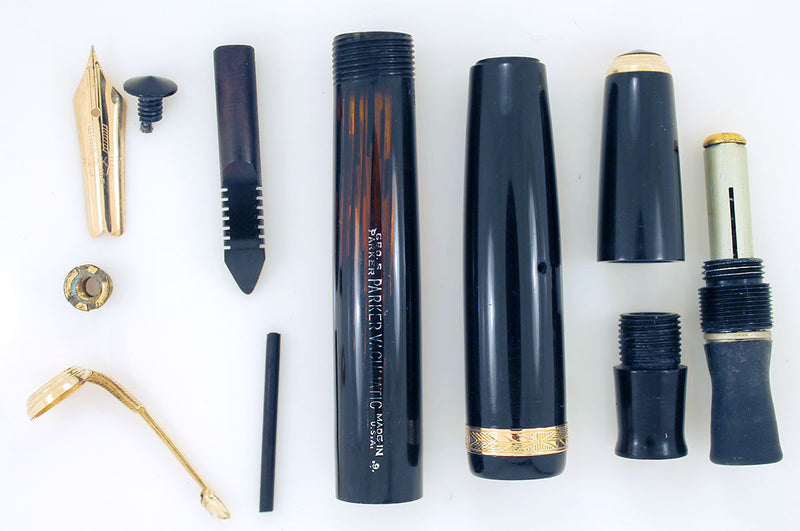 1939 PARKER JET BLACK DOUBLE JEWEL VACUMATIC SHADOW WAVE FOUNTAIN PEN RESTORED OFFERED BY ANTIQUE DIGGER