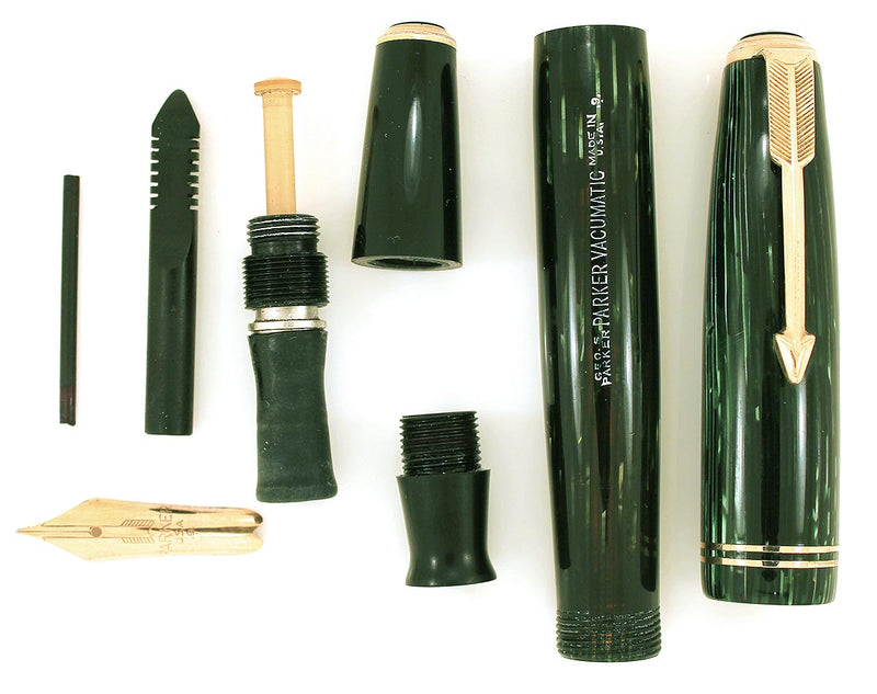 1939 PARKER EMERALD DOUBLE JEWEL VACUMATIC SHADOW WAVE FOUNTAIN PEN RESTORED OFFERED BY ANTIQUE DIGGER
