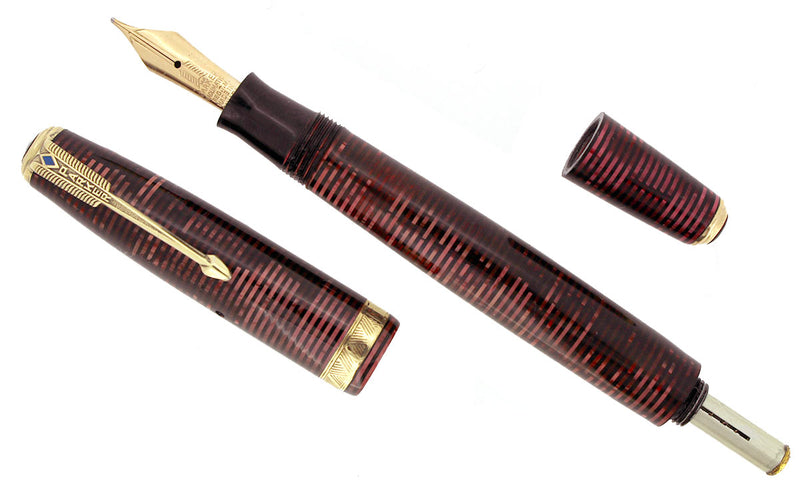 1939 PARKER BURGUNDY VACUMATIC DOUBLE JEWEL FOUNTAIN PEN M - BBB FLEX NIB RESTORED OFFERED BY ANTIQUE DIGGER