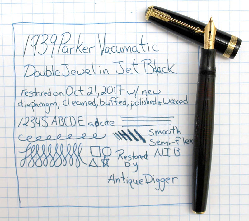 1938 PARKER JET BLACK VACUMATIC DOUBLE JEWEL FOUNTAIN PEN WITH F - B FLEX NIB IN RESTORED CONDITION OFFERED BY ANTIQUE DIGGER