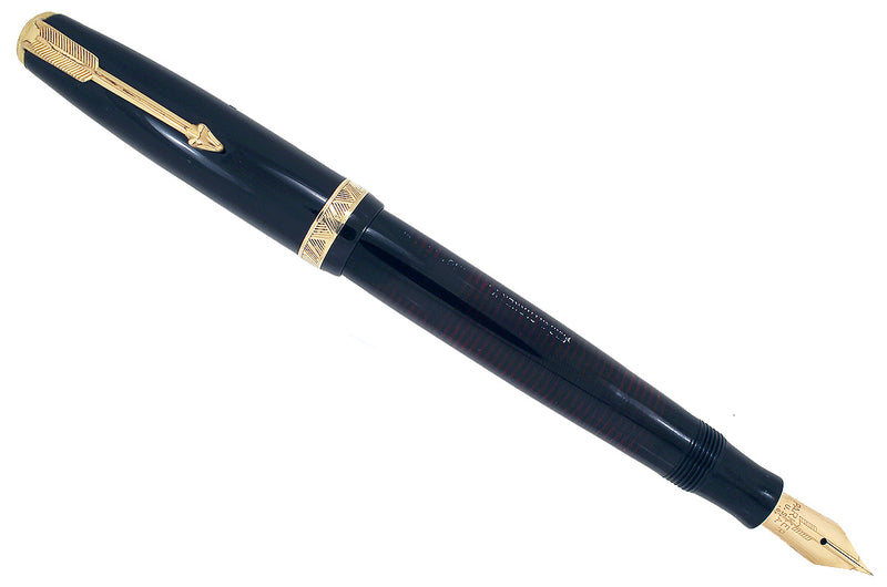 1938 PARKER JET BLACK VACUMATIC DOUBLE JEWEL FOUNTAIN PEN WITH F - B FLEX NIB IN RESTORED CONDITION OFFERED BY ANTIQUE DIGGER