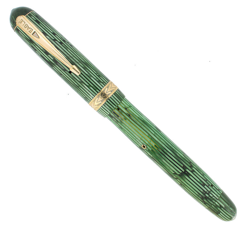C1939 EAGLE PRESTIGE EMERALD PEARL STRIPED PADDLE FILLER FOUNTAIN PEN RESTORED OFFERED BY ANTIQUE DIGGER