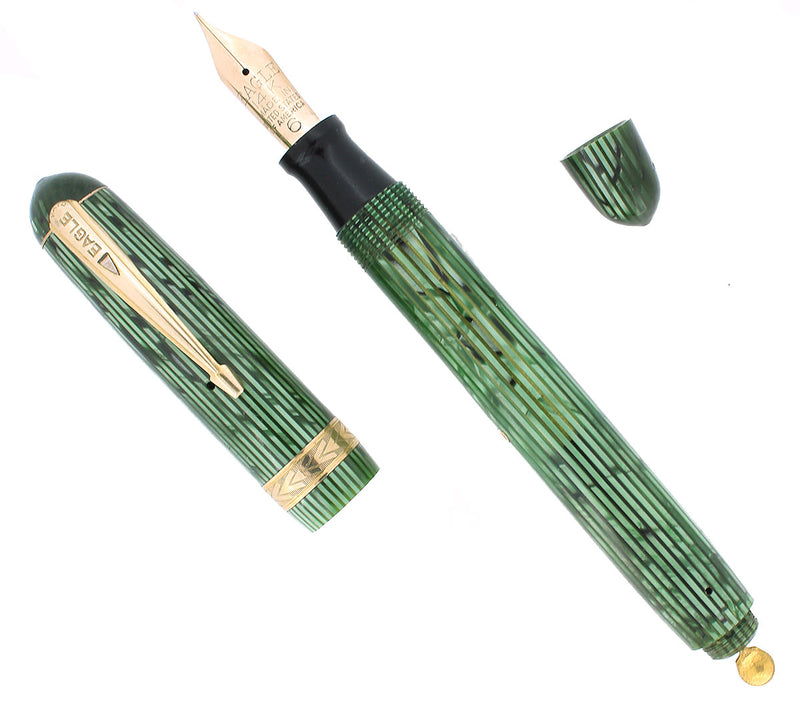 C1939 EAGLE PRESTIGE EMERALD PEARL STRIPED PADDLE FILLER FOUNTAIN PEN RESTORED OFFERED BY ANTIQUE DIGGER