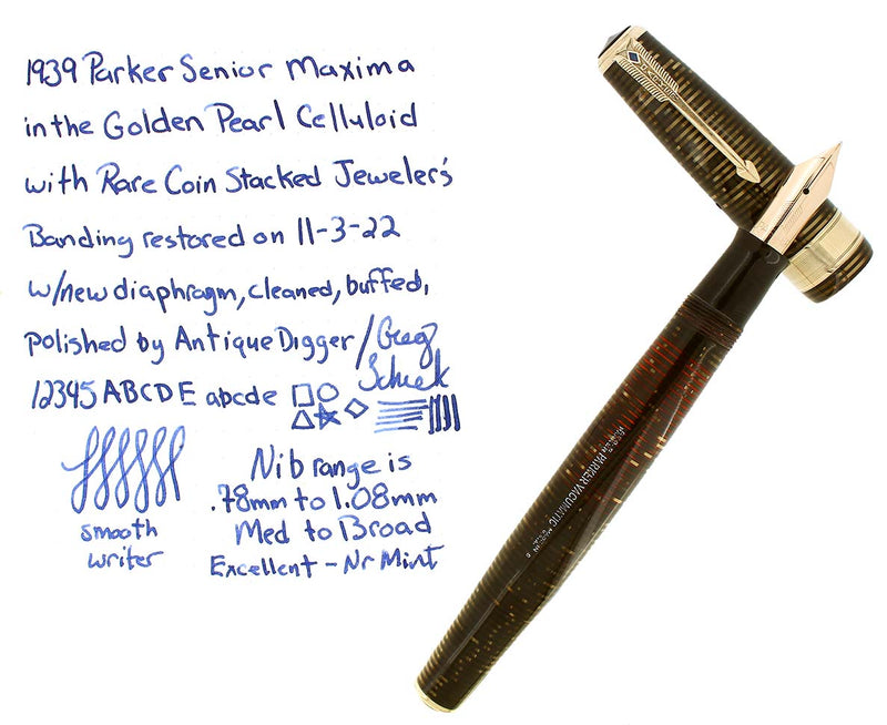 RARE 1939 PARKER SENIOR MAXIMA GOLDEN PEARL JEWELER CAP BAND FOUNTAIN PEN RESTORED OFFERED BY ANTIQUE DIGGER