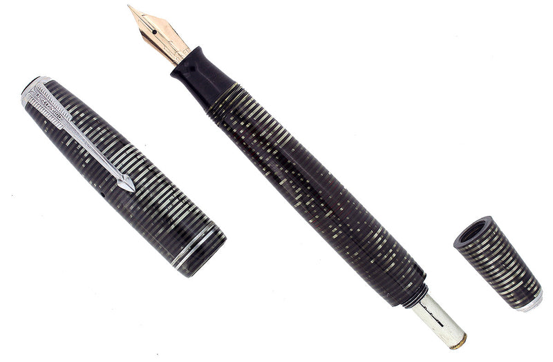 1939 PARKER SILVER PEARL VACUMATIC DOUBLE JEWEL FOUNTAIN PEN F-B NIB RESTORED OFFERED BY ANTIQUE DIGGER