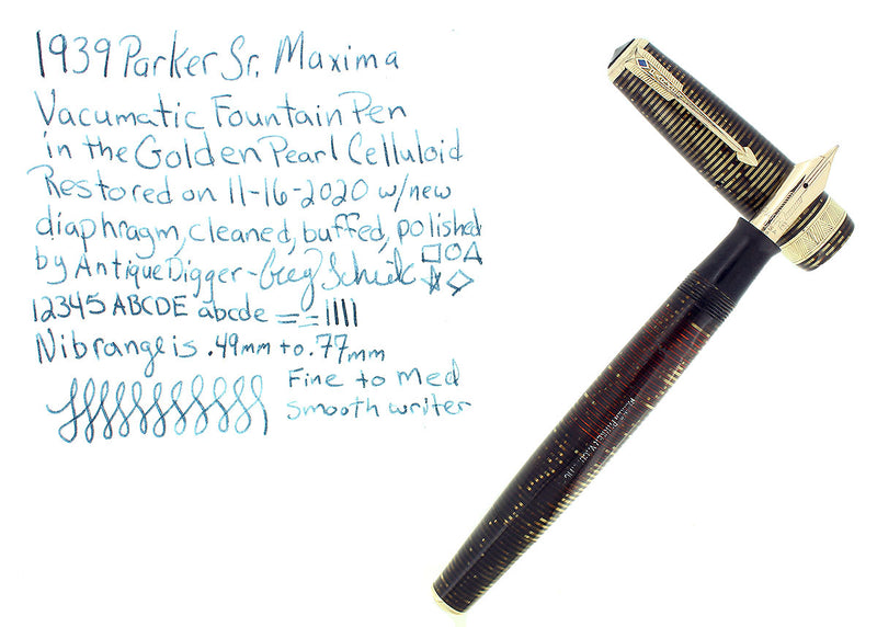 1939 PARKER GOLDEN PEARL SR MAXIMA VACUMATIC DOUBLE JEWEL FOUNTAIN PEN NEAR MINT RESTORED OFFERED BY ANTIQUE DIGGER