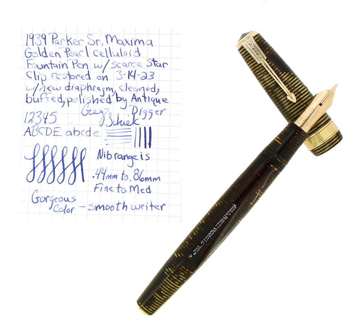 1939 PARKER VACUMATIC GOLDEN PEARL SR MAXIMA STAR CLIP FOUNTAIN PEN RE