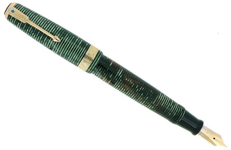 1939 PARKER SENIOR MAXIMA VACUMATIC DOUBLE JEWEL EMERALD PEARL FOUNTAIN PEN RESTORED OFFERED BY ANTIQUE DIGGER