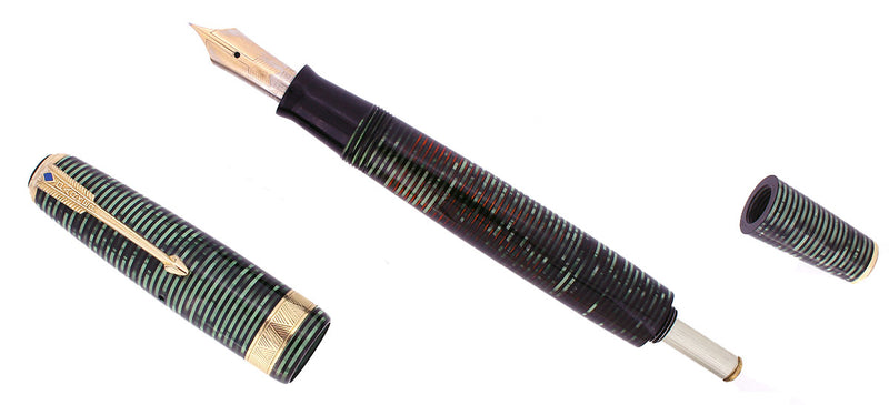 1939 PARKER SENIOR MAXIMA VACUMATIC DOUBLE JEWEL EMERALD PEARL FOUNTAIN PEN RESTORED OFFERED BY ANTIQUE DIGGER