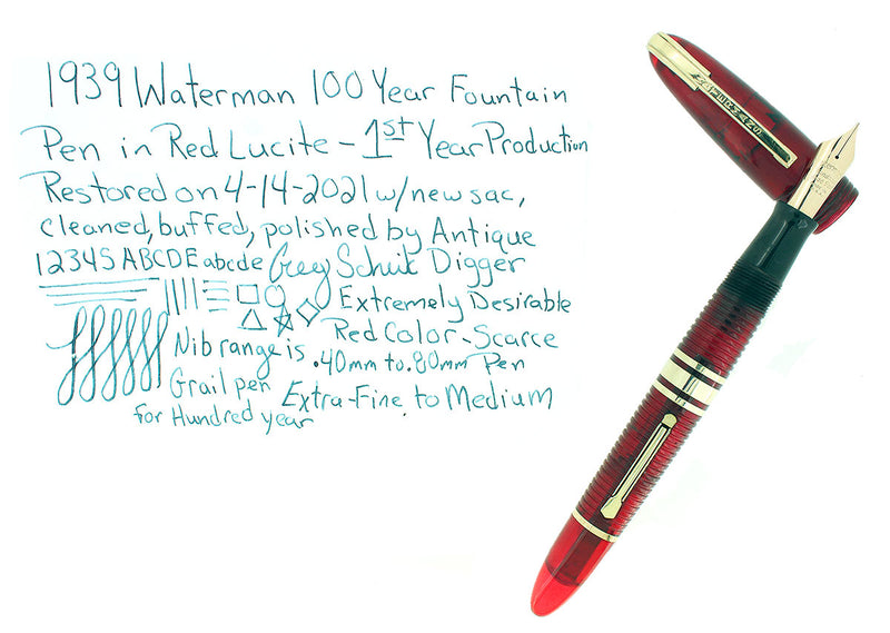 1939 FIRST YEAR RED LUCITE WATERMAN 100 YEAR FOUNTAIN PEN XF-M NIB RESTORED OFFERED BY ANTIQUE DIGGER