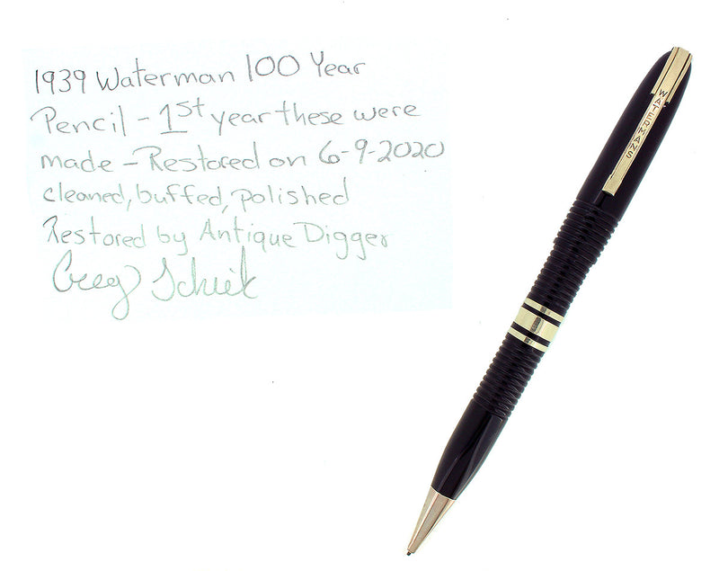 1939 FIRST YEAR WATERMAN HUNDRED 100 YEAR JET BLACK PENCIL RESTORED OFFERED BY ANTIQUE DIGGER
