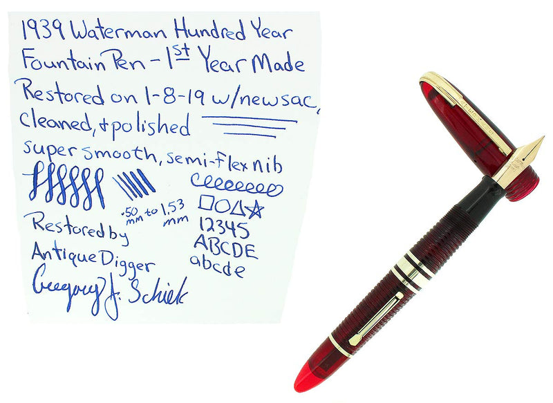 1939 FIRST YEAR RED WATERMAN 100 YEAR FOUNTAIN PEN F-BB SEMI-FLEX NIB RESTORED OFFERED BY ANTIQUE DIGGER