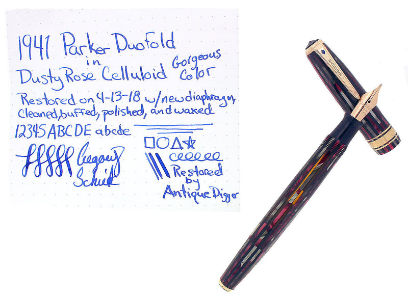  1941 PARKER DUOFOLD FOUNTAIN PEN DUSTY ROSE CELLULOID INGENUE SIZE RESTORED OFFERED BY ANTIQUE DIGGER