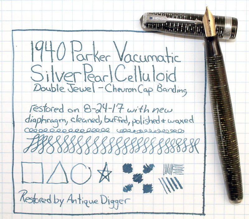 1940 PARKER SILVER PEARL DOUBLE JEWEL VACUMATIC FOUNTAIN PEN MAJOR SIZE RESTORED OFFERED BY ANTIQUE DIGGER