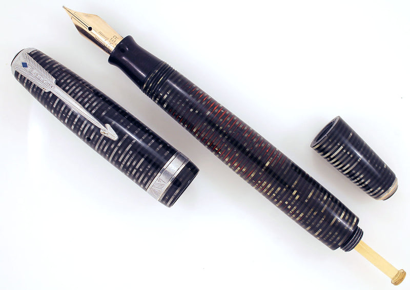 1940 PARKER SILVER PEARL DOUBLE JEWEL VACUMATIC FOUNTAIN PEN MAJOR SIZE RESTORED OFFERED BY ANTIQUE DIGGER