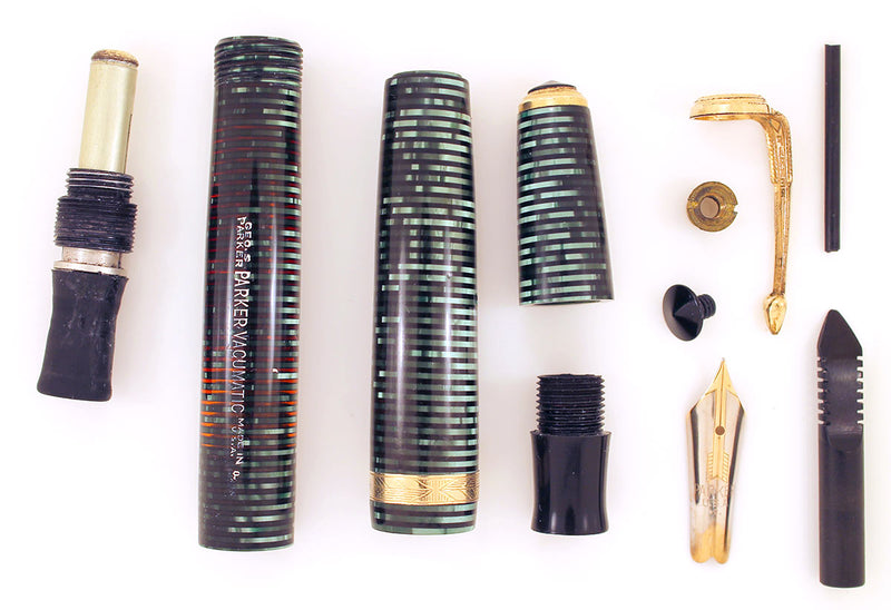 1940 PARKER EMERALD PEARL VACUMATIC DOUBLE JEWEL FOUNTAIN PEN F-BB NIB RESTORED OFFERED BY ANTIQUE DIGGER